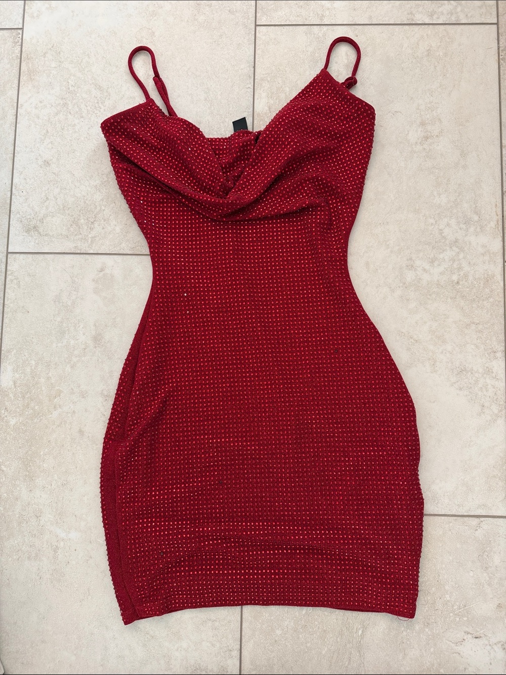 Windsor | Red Rhinestone Cowl Neck Mini Dress - Picture 6 of 9